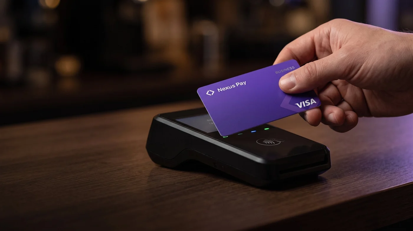 Рука прикладывает карту Nexus Pay к платёжному терминалу в кафе