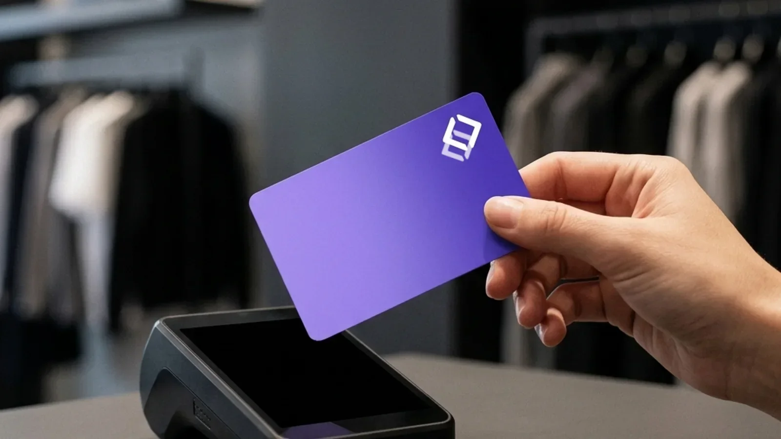 Оплата картой Nexus Pay в бутике: карта поднесена к терминалу на кассе